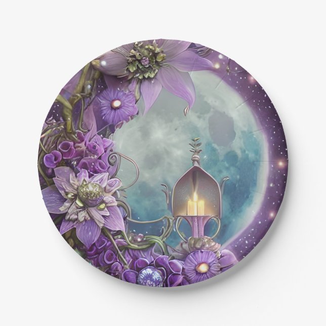 Detaillierte Fantasy Lila Moon Blume Pappteller (Vorderseite)