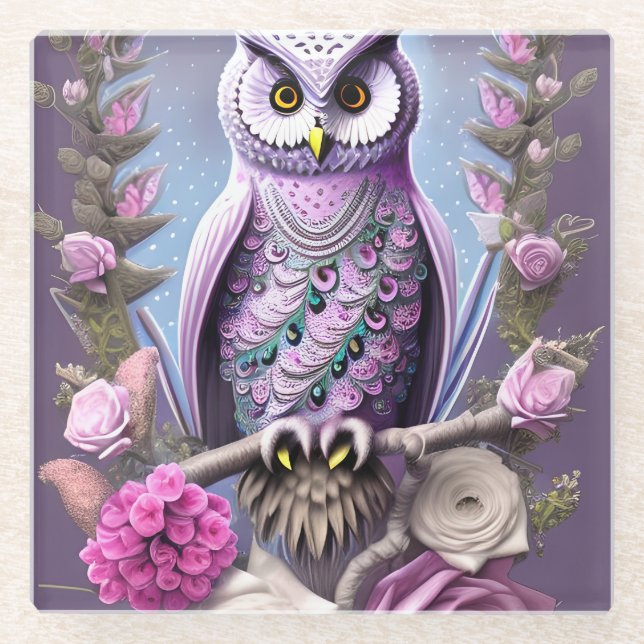 Detaillierte Fantasy Owl auf einem Thornbett Glasuntersetzer (Vorderseite)