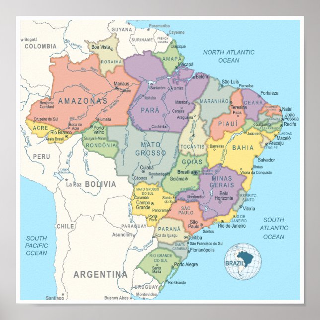 Detaillierte Karte Brasiliens Poster (Vorne)