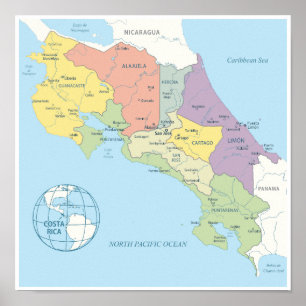 Detaillierte Karte der Regionen Costa Ricas Poster