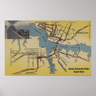 Detaillierte Karte des Norfolk-Portsmouth Bridge-T Poster