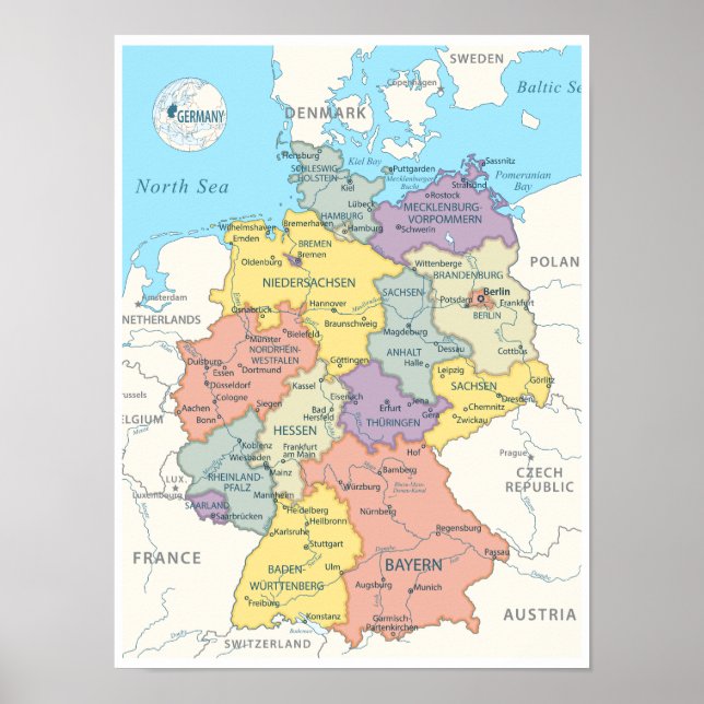 Detaillierte Karte Deutschlands Poster (Vorne)
