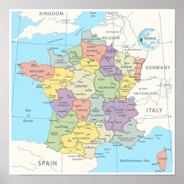 Detaillierte Karte Frankreichs Poster (Vorne)