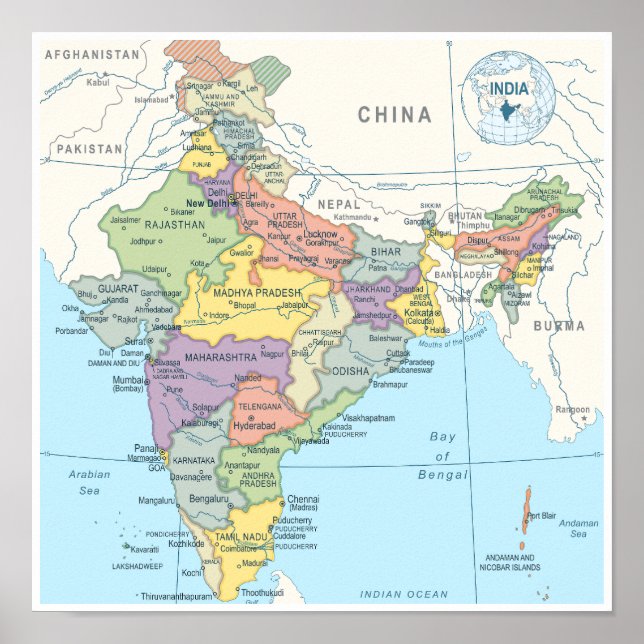 Detaillierte Karte Indiens Poster (Vorne)
