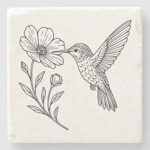 Detaillierte Kolibrilinienkunst mit Wildblume Steinuntersetzer