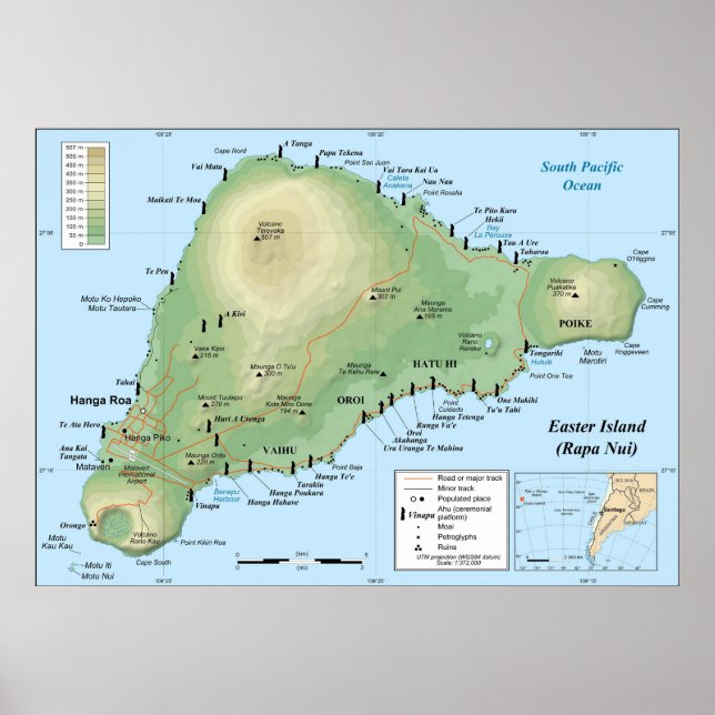 Detaillierte topografische Karte der Osterinsel Poster (Vorne)