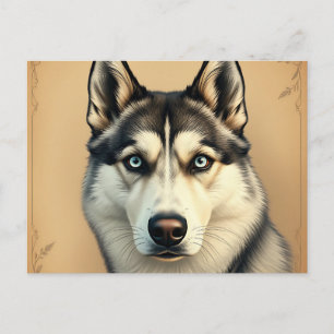 Detailliertes Porträt eines sibirischen Huskys mit Postkarte