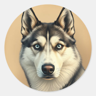 Detailliertes Porträt eines sibirischen Huskys mit Runder Aufkleber