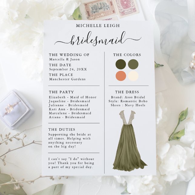 Détails de la carte d'information Bridesmaid Olive (Créateur téléchargé)