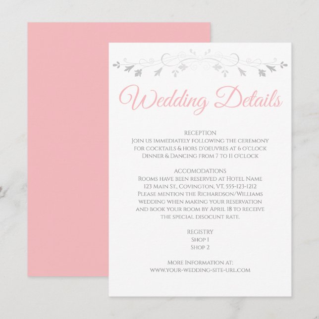 Détails de mariage élégant rose et gris Carte de b (Devant / Derrière)