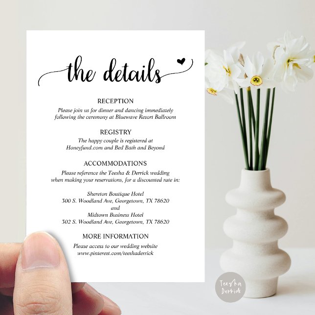 Détails du mariage, carte de boîtier de script rus (Wedding Details, Rustic Script Enclosure Card, Black and White Version)