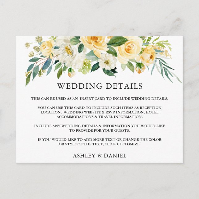 Détails du mariage Carte d'insertion Florale Jaune (Devant)