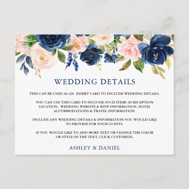 Détails du mariage Carte d'insertion Florale Rose  (Devant)