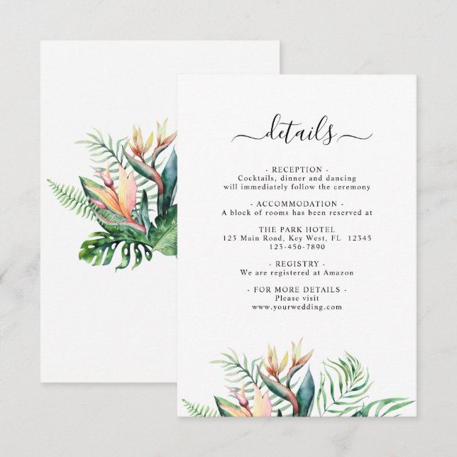 Détails du Mariage de fleurs tropicales Carte de b (Devant / Derrière)