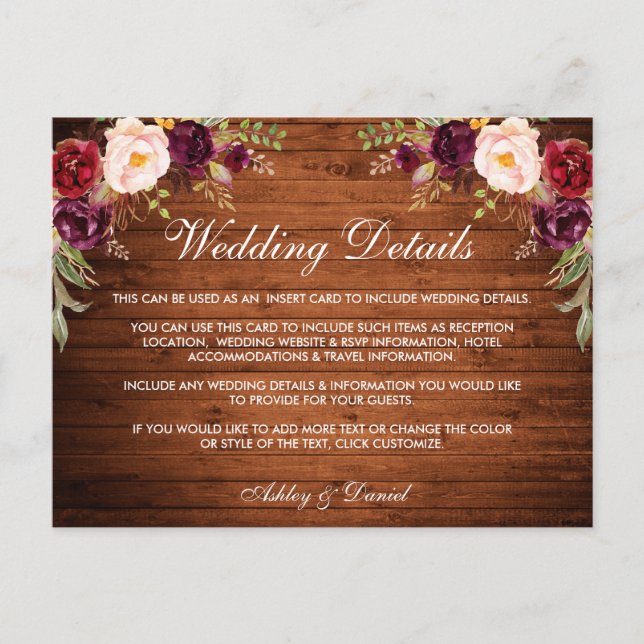 Détails du Mariage rustique Carte Florale Bois Bou (Devant)