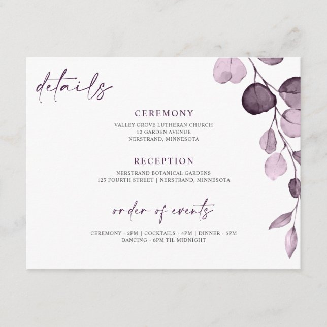 Détails du Mariage violet Carte Floral Garden (Devant)