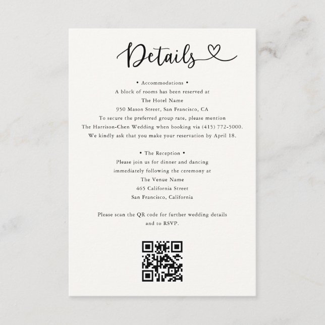 Details Heart QR Code RSVP Wedding  Enclosure Card Begleitkarte (Vorderseite)