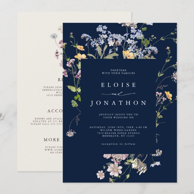 Details Hochzeit von Navy Blue Wildblume Garden Einladung (Vorne/Hinten)