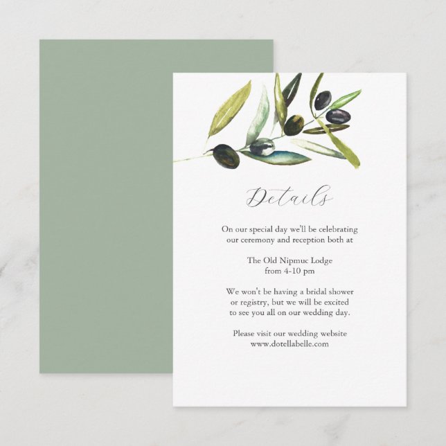 Details Hochzeitssaftkarte Wasserfarbenes Olive Begleitkarte (Vorne/Hinten)