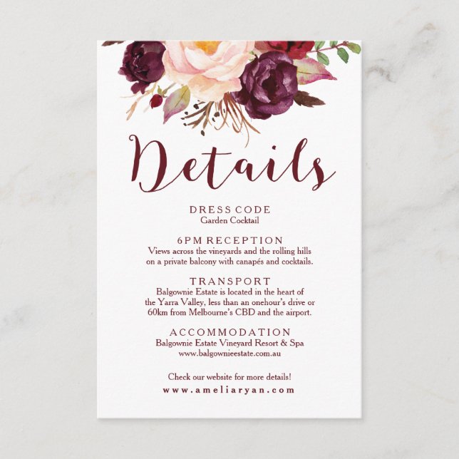 Details-Karte für florales Burgundy Begleitkarte (Vorderseite)