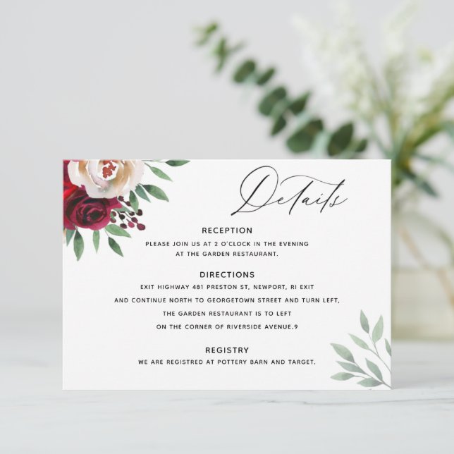 Details-Karte zum Hochzeitburgund Einladung (Stehend Vorderseite)