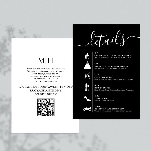 Details QR Code Schwarz und Weiß Hochzeitzeitvorga Begleitkarte (Black and white wedding details enclosure card with QR Code timeline. )