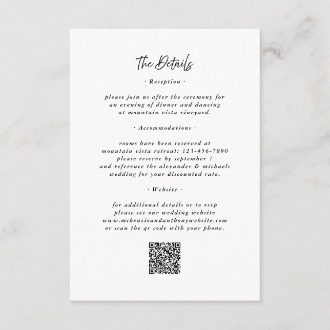 Details QR-Code Schwarz-weiße Hochzeitskarte Begleitkarte (Vorderseite)