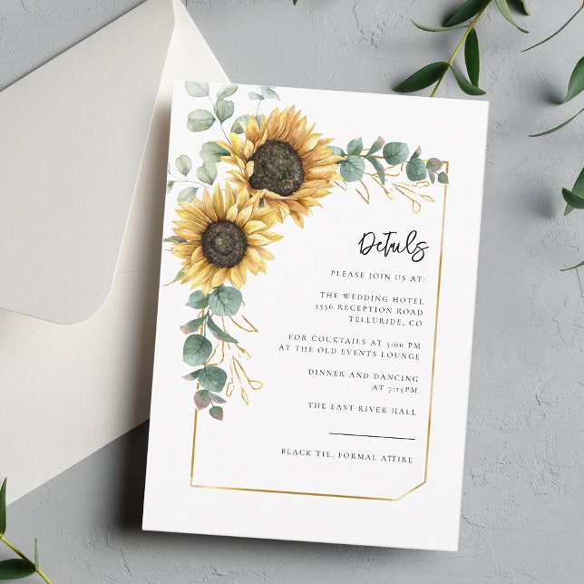 Details zu Blumenzetteln Begleitkarte (Sunflower Floral Eucalyptus Greenery Wedding Details Enclosure Card)