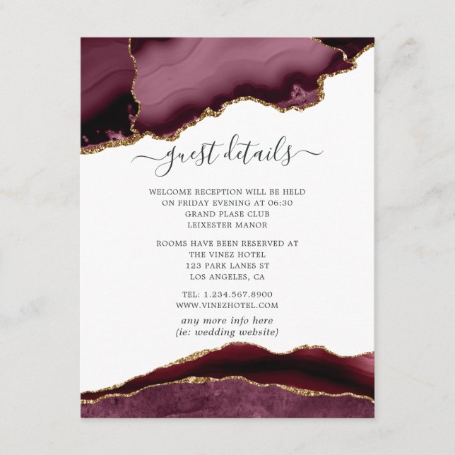 Details zu Burgund und Gold Agate Wedding Begleitkarte (Vorderseite)