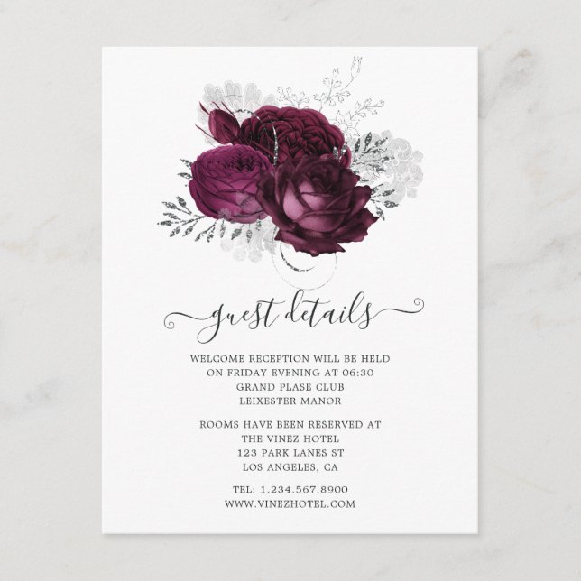Details zu Burgund und Silver Floral Wedding Begleitkarte (Vorderseite)