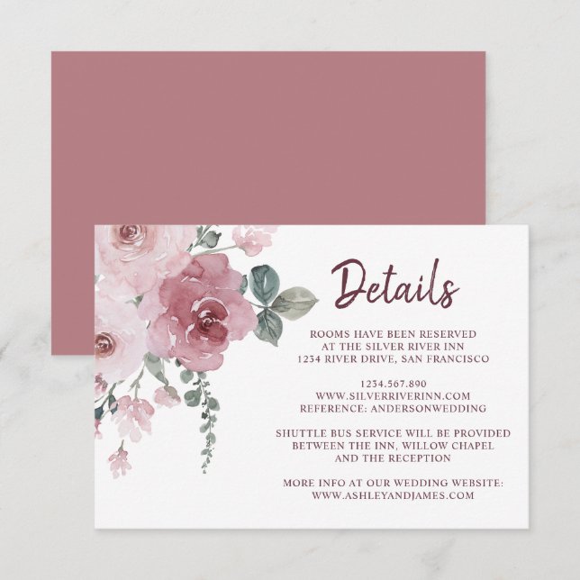 Details zu Burgundy Dusty Pink Floral Wedding Begleitkarte (Vorne/Hinten)