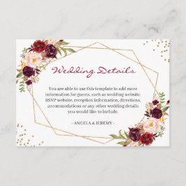 Details zu Burgundy Red Floral Gold Hochzeiten Begleitkarte