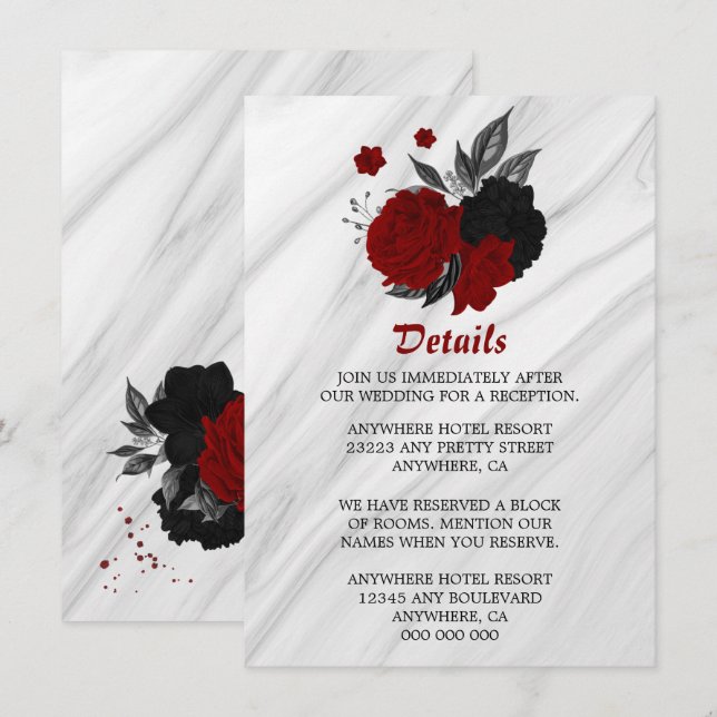 Details zu den eleganten schwarz-roten Blume Begleitkarte (Vorne/Hinten)