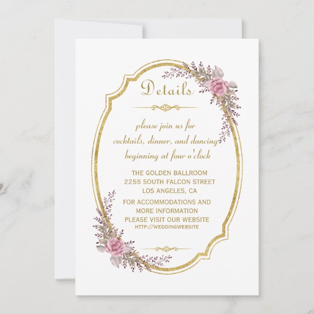 Details zu den Hochzeiten im eleganten Blush-Gold- Einladung (Vorderseite)