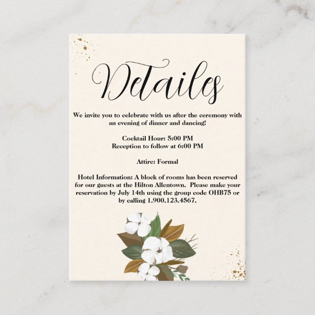 Details zu den Hochzeiten in Braun und Creme Begleitkarte (Vorderseite)