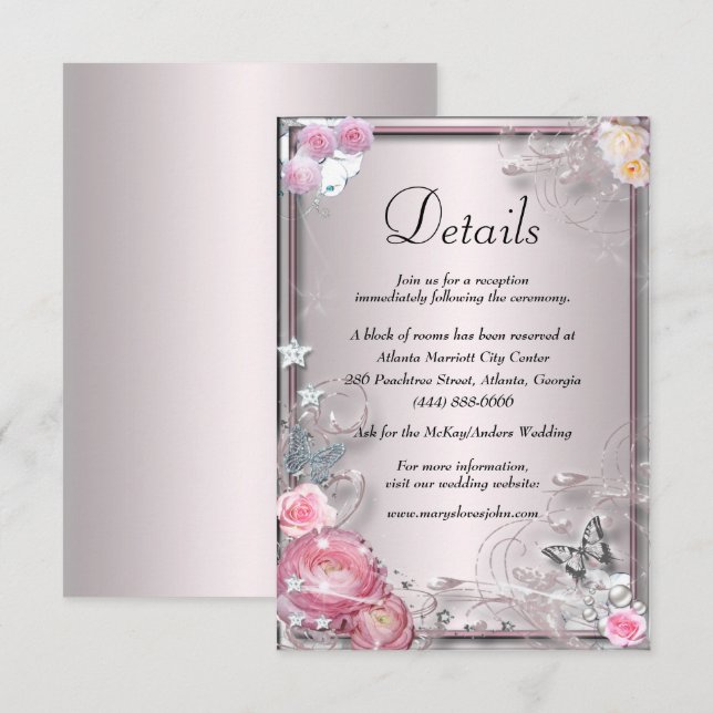 Details zu den Hochzeiten in Rosa Blüten und Schme Begleitkarte (Vorne/Hinten)