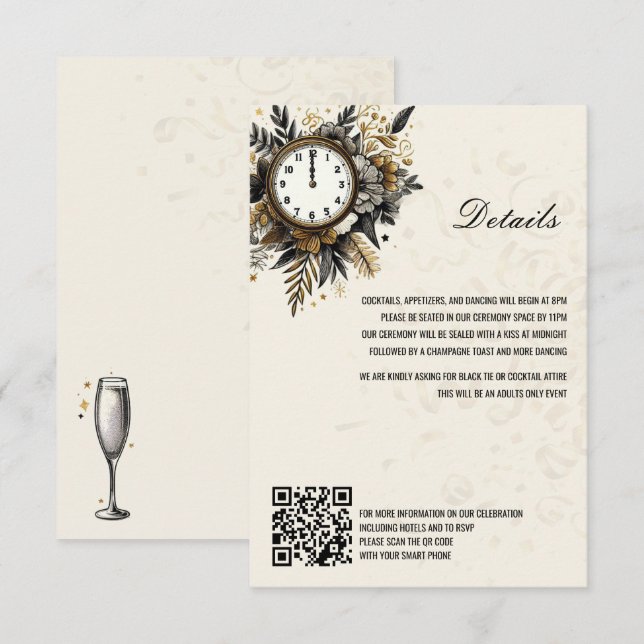 Details zu den QR-Daten für Black & Gold Silvester Begleitkarte (Vorne/Hinten)