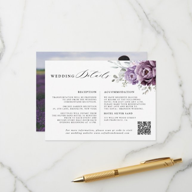 Details zu dusty Lila Blumenhochzeiten Begleitkarte (Vorderseite/Rückseite Beispiel)