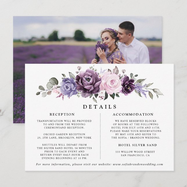 Details zu dusty Lila Blumenhochzeiten Begleitkarte (Vorne/Hinten)