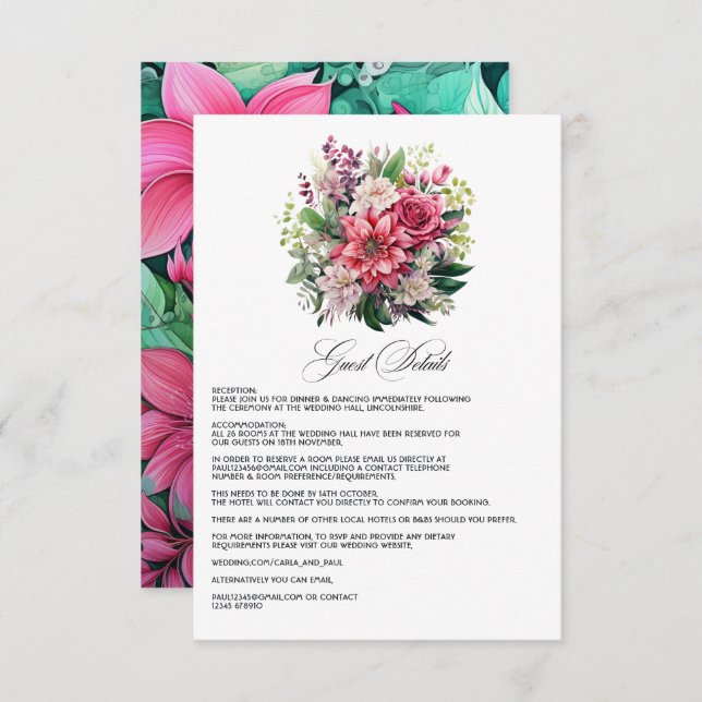 Details zu Fuchsia und Emerald Green Wedding Begleitkarte (Vorne/Hinten)