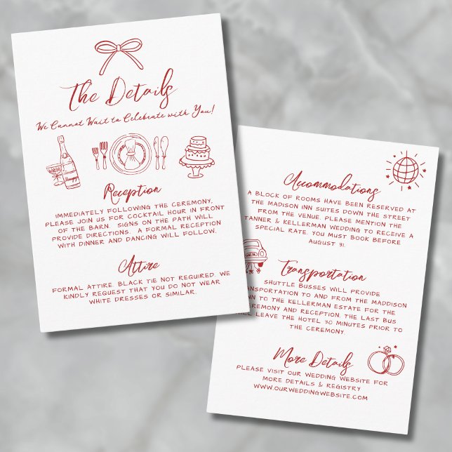 Details zu handgezogenen, rauen, spitzigen Hochzei Begleitkarte (Hand Drawn Quirky Red Whimsical Wedding Details Enclosure Card)