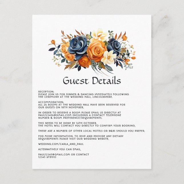 Details zu Hochzeiten der Marine und Orange Floral Begleitkarte (Vorderseite)