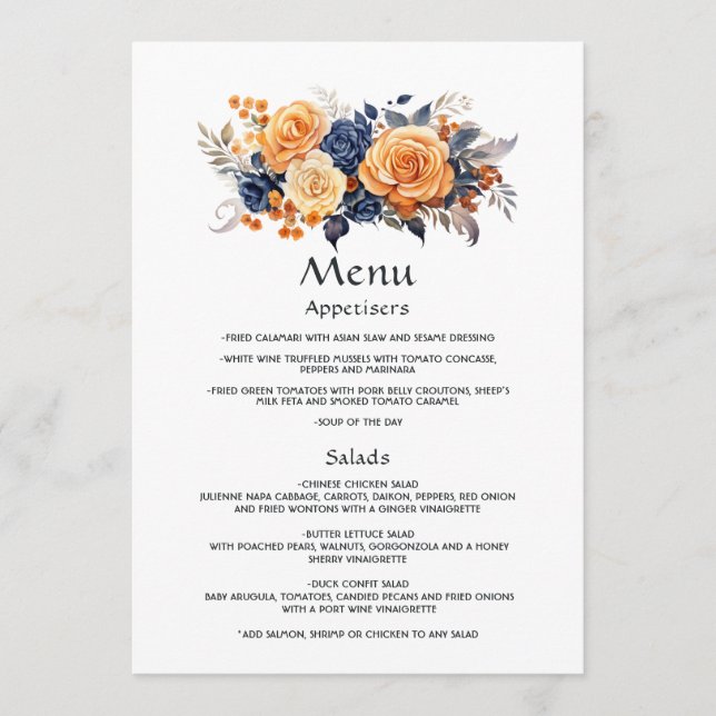 Details zu Hochzeiten der Marine und Orange Floral Menükarte (Vorderseite)