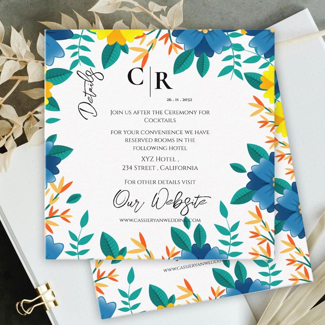 Details zu Hochzeiten in Blau und Gelb Begleitkarte (Bright Blue and Yellow Floral Wedding Details Enclosure Card)