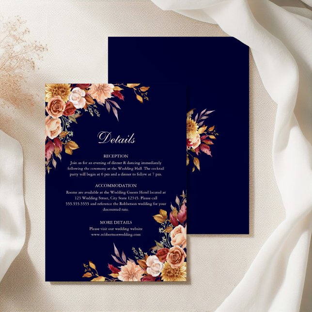 Details zu Hochzeiten von Navy Blue & Burnt Orange Einladung (Navy Blue & Burnt Orange Floral Wedding Details Invitation on an elegant silky tablecloth)
