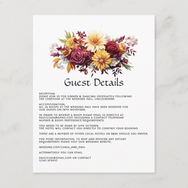 Details zu Maroon und Yellow Floral Wedding Begleitkarte (Vorderseite)