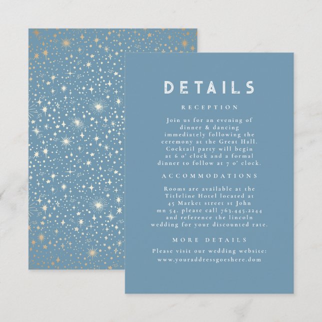 Details zu Starry Night Celestial Dusty Blue Weddi Begleitkarte (Vorne/Hinten)