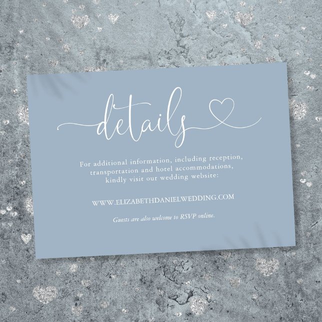 Details zum Blue Heart Script für Hochzeiten Begleitkarte (Dusty Blue Heart Script Wedding Details Enclosure Card)