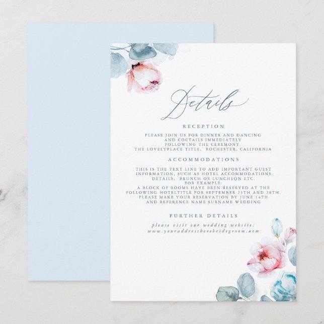 Details zum Hochzeitskalender in dunkelblau und ro Begleitkarte (Vorne/Hinten)