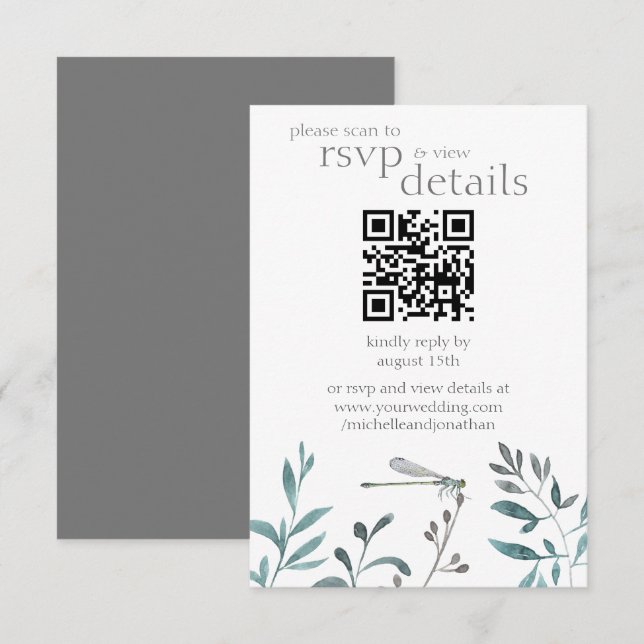 Details zum QR-Code für moderne Libellen-Hochzeite RSVP Karte (Vorne/Hinten)